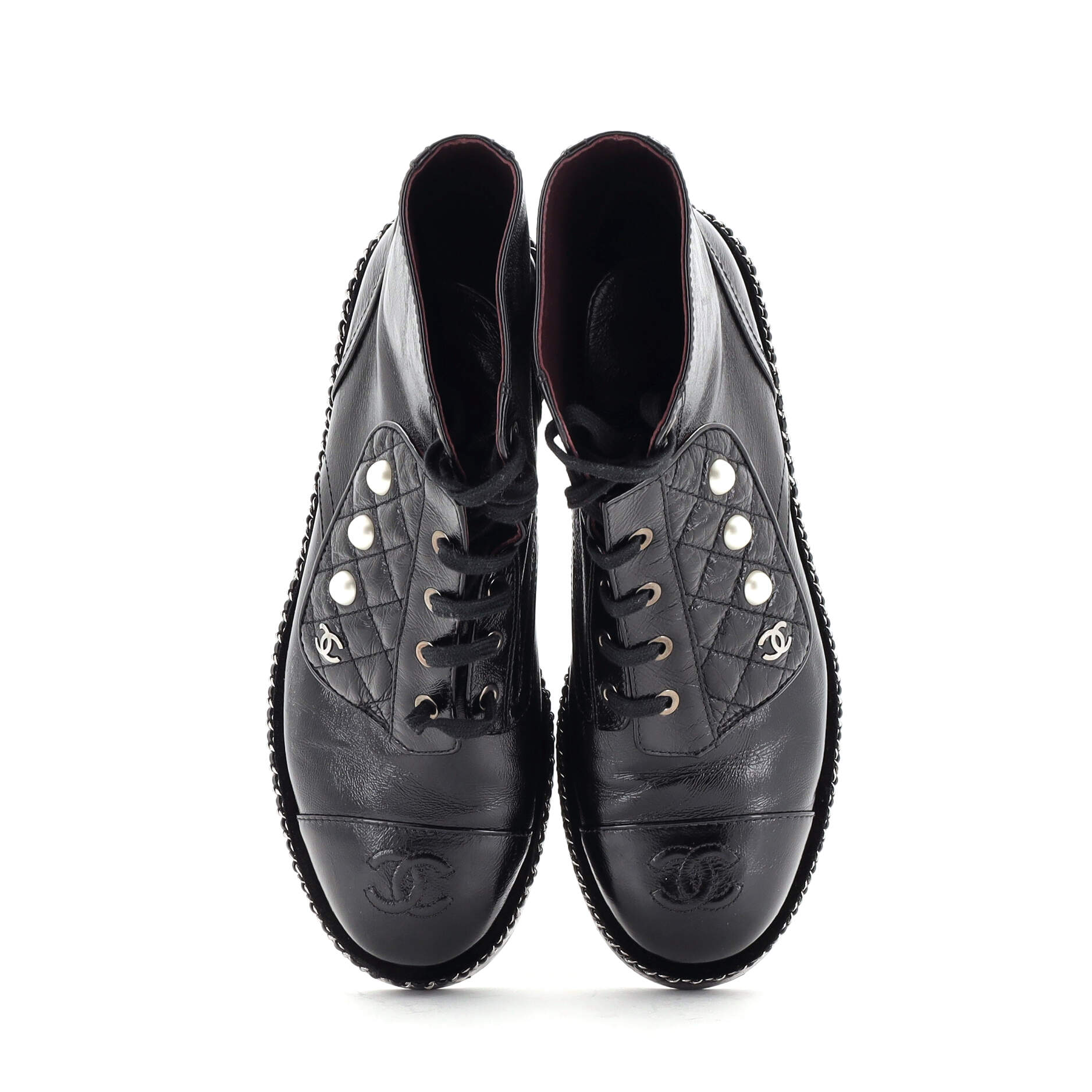 Women's Cap Toe CC Chain Around Pearl Combat Boots Leather