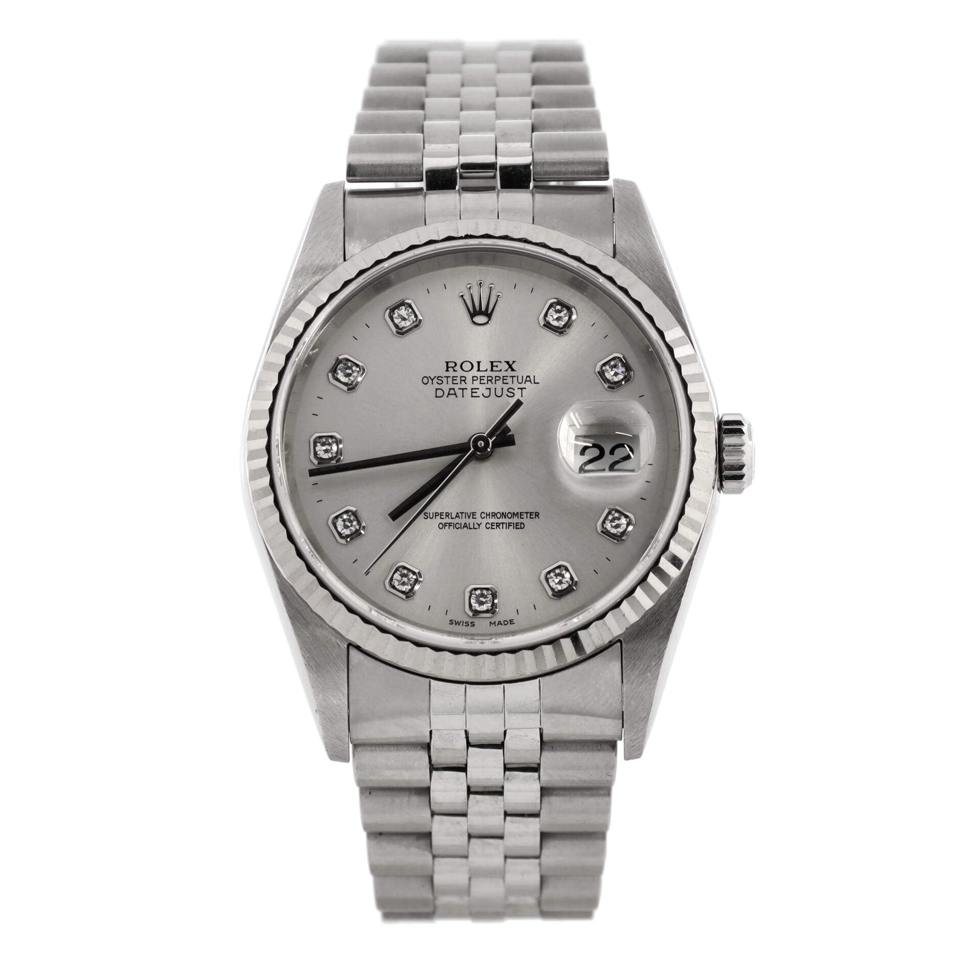 Oyster Perpetual Datejust Automatic Watch Stainless Steel and White Gold with Diamond Markers 36