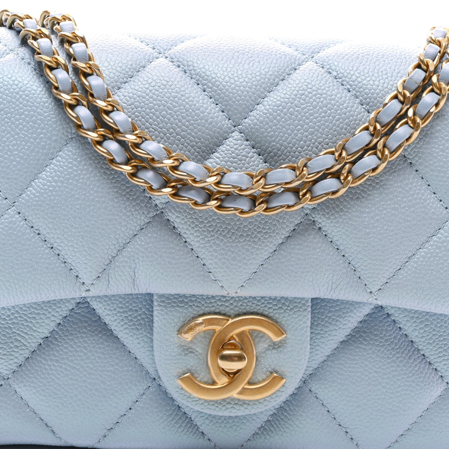 Iridescent Caviar Quilted Mini My Perfect Flap Light Blue
