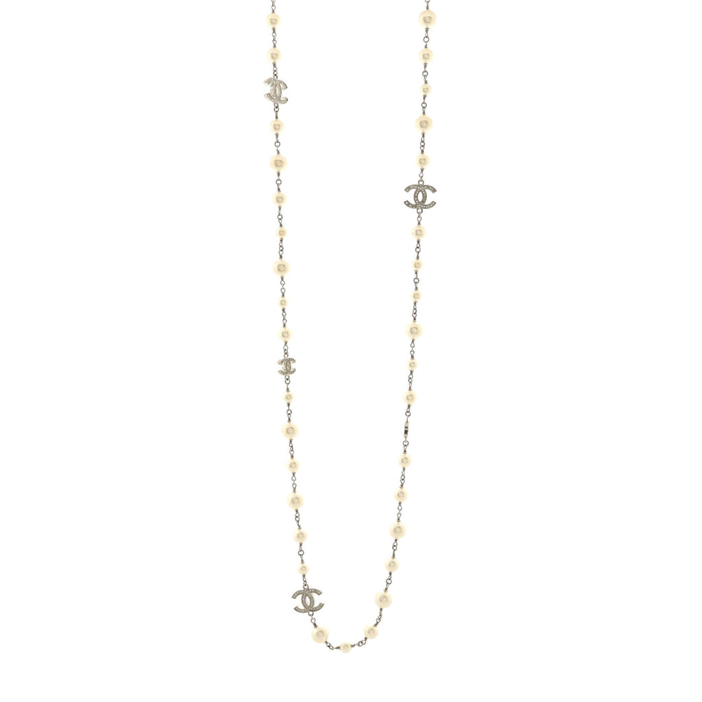 CC Dangling Pearls Necklace Metal with Faux Pearls and Crystals