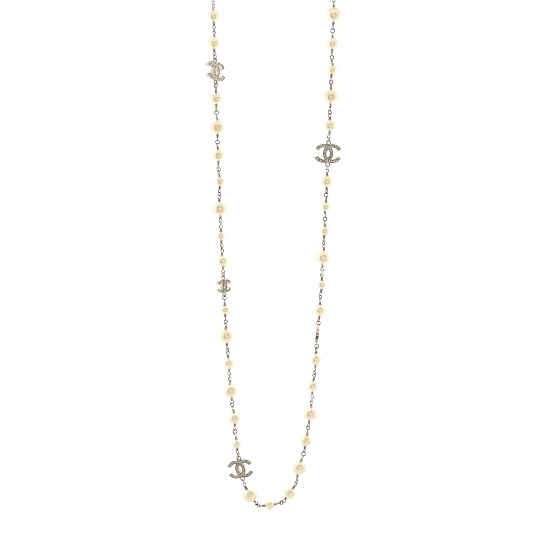 CC Dangling Pearls Necklace Metal with Faux Pearls and Crystals