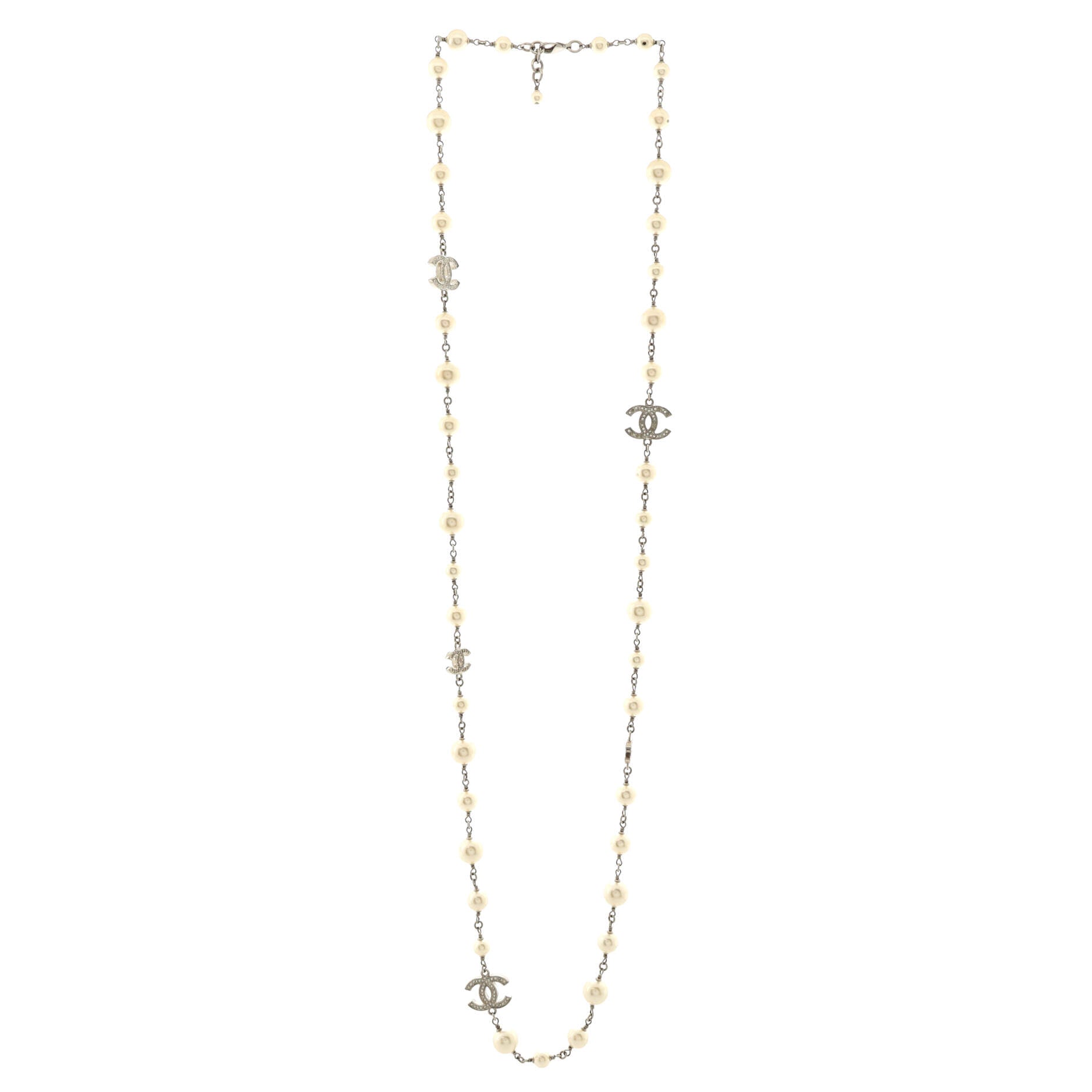 CC Dangling Pearls Necklace Metal with Faux Pearls and Crystals