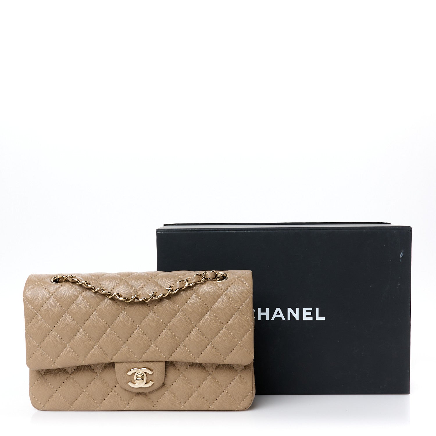 Caviar Quilted Medium Double Flap Dark Beige