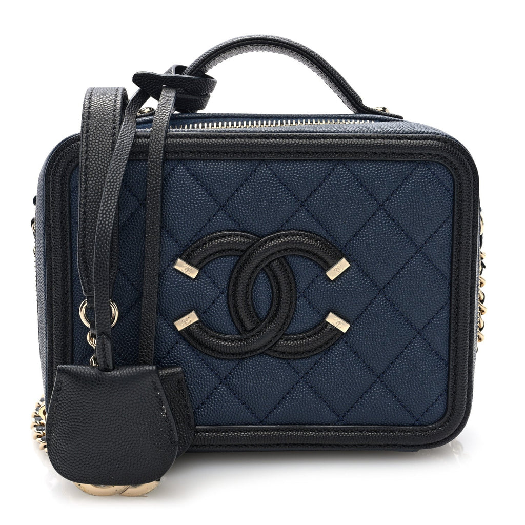 Caviar Quilted Small CC Filigree Vanity Case Navy Black