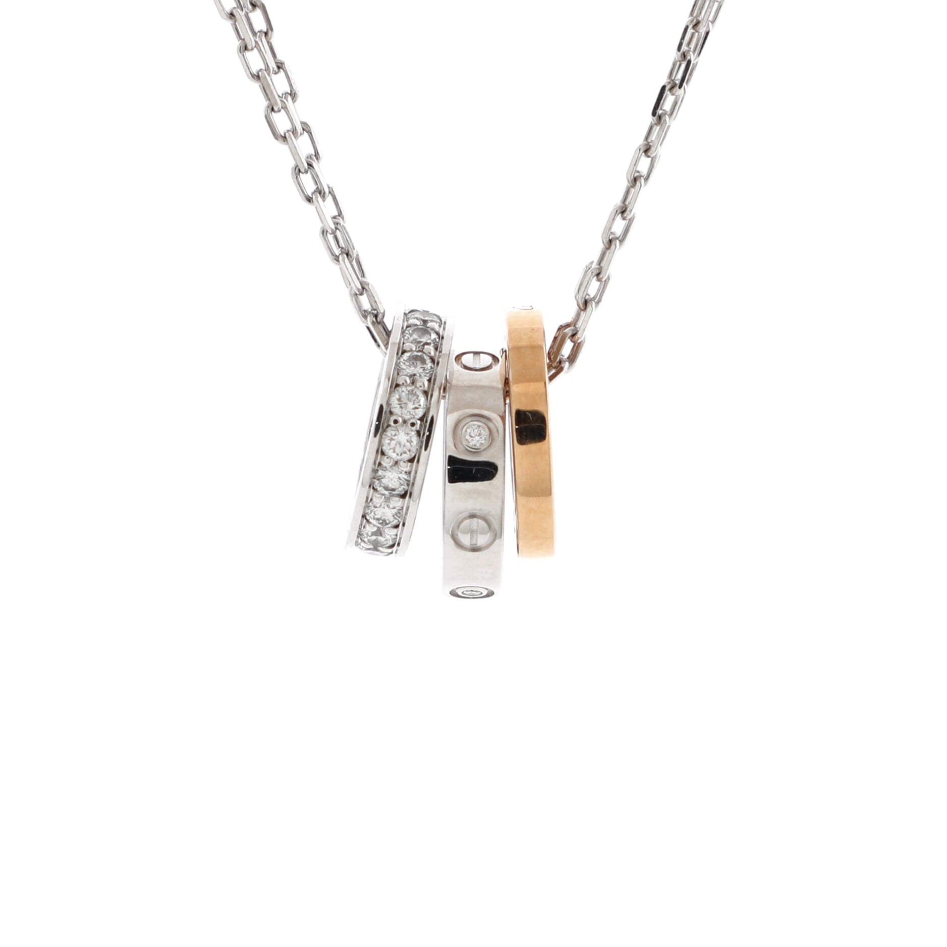 Love 3 Ring Pendant Necklace 18K Rose Gold and 18K White Gold with Diamonds