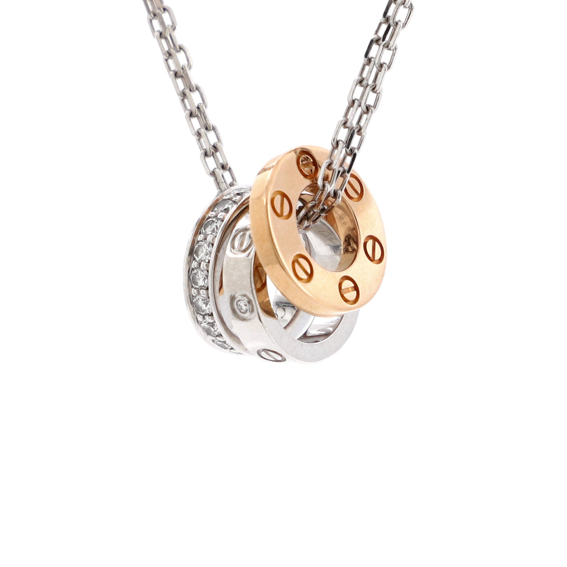 Love 3 Ring Pendant Necklace 18K Rose Gold and 18K White Gold with Diamonds