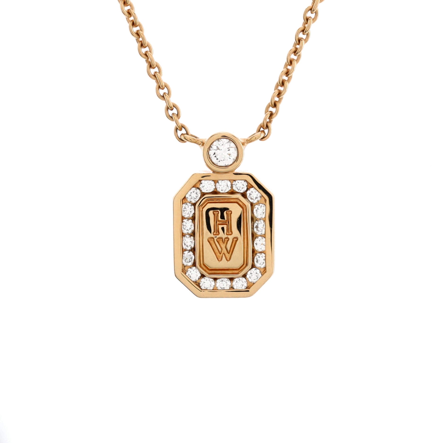 HW Logo Pendant Necklace 18K Rose Gold with Diamonds