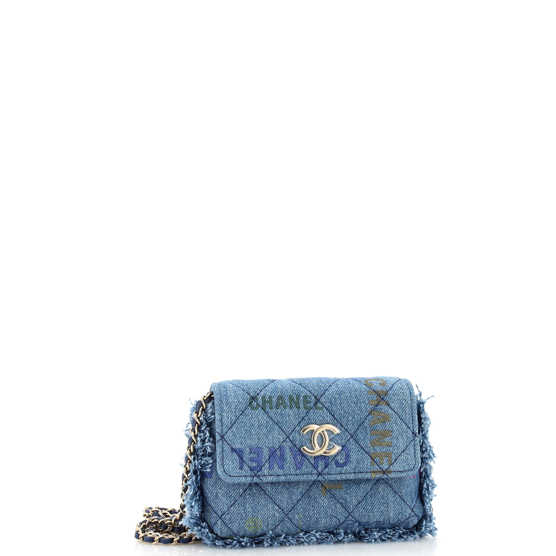 Denim Mood Flap Clutch with Chain Logo Printed Quilted Fringe Denim