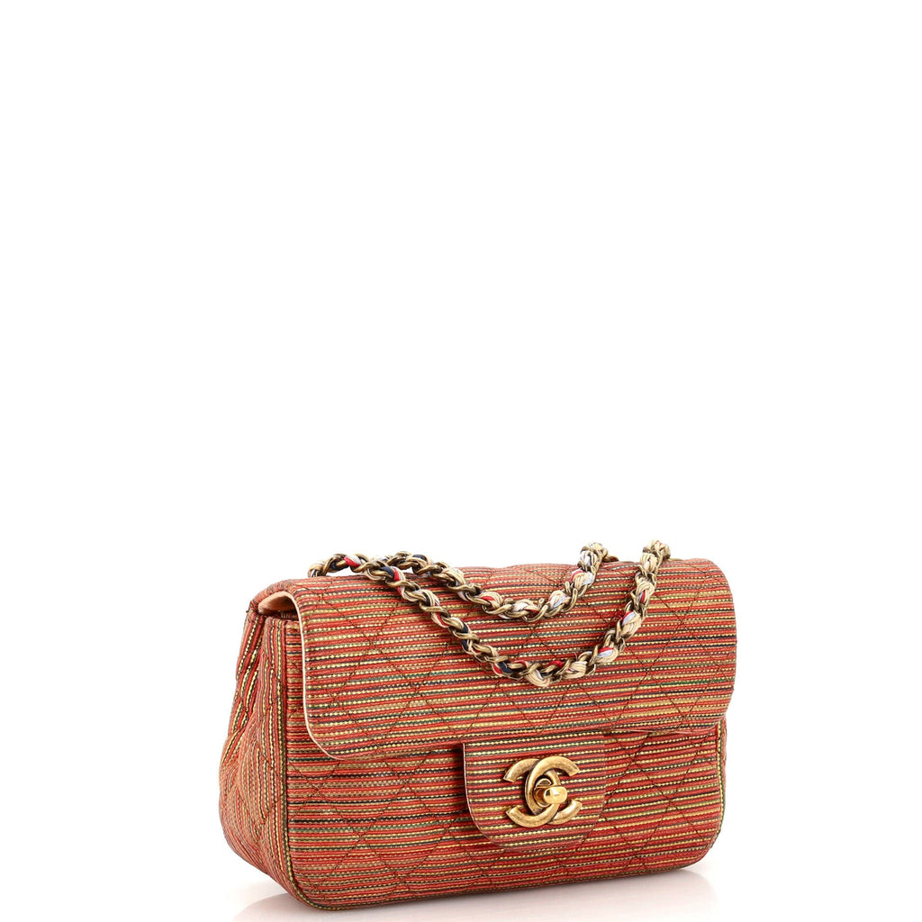 Multicolor Stripe Flap Bag Raffia Effect Braided Chain Mini