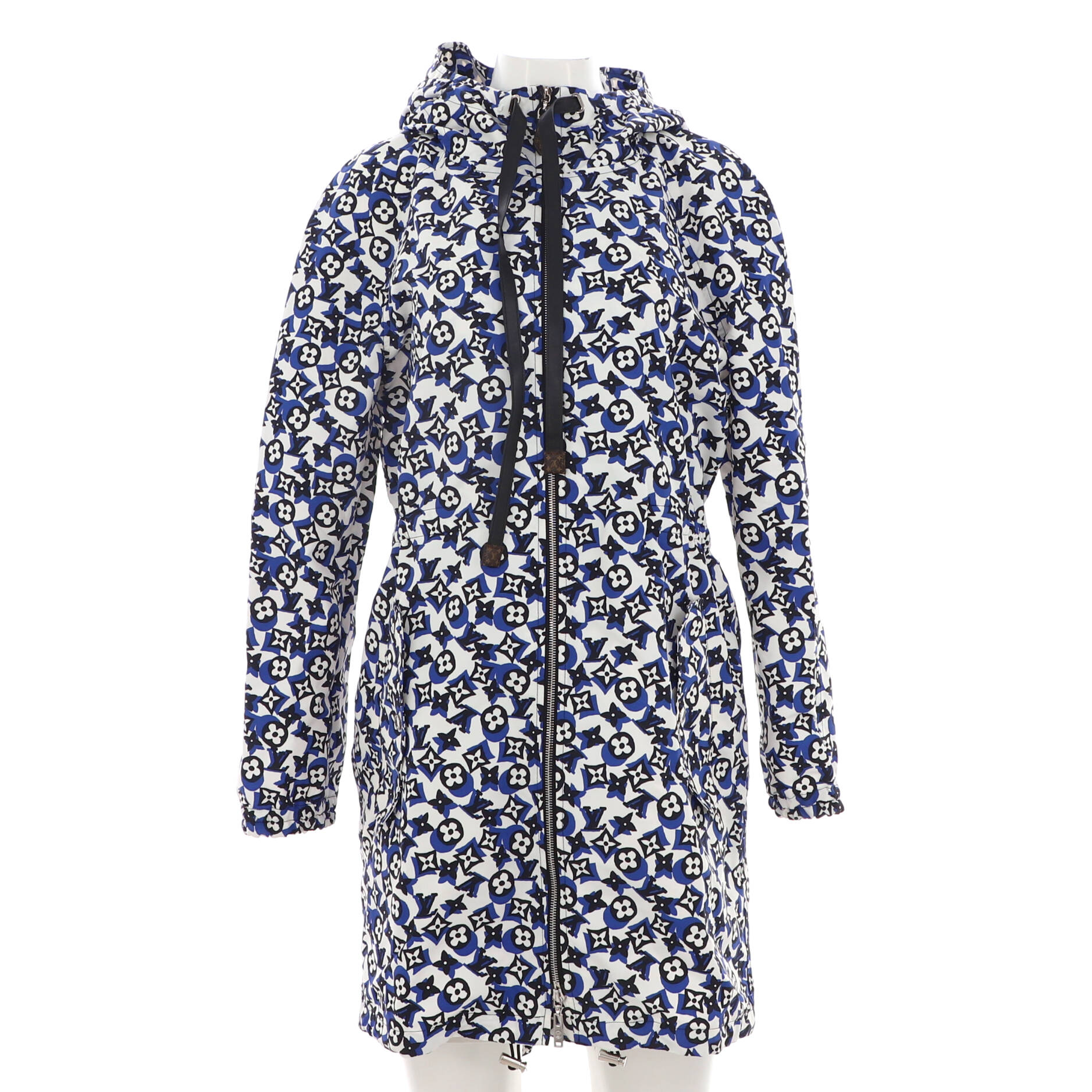 Women's Hooded Drawstring Zip Parka Monogram Nylon