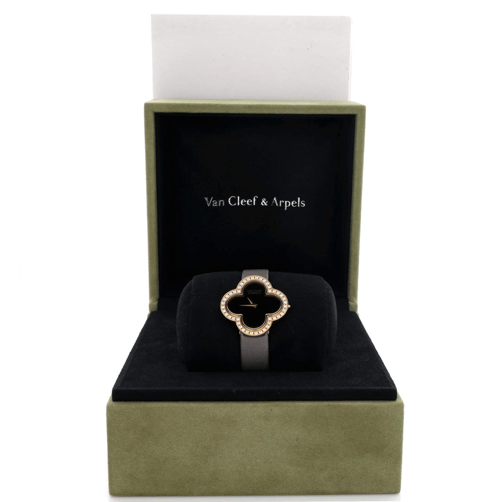 Alhambra Quartz Watch Yellow Gold and Satin with Diamond Bezel and Onyx 26