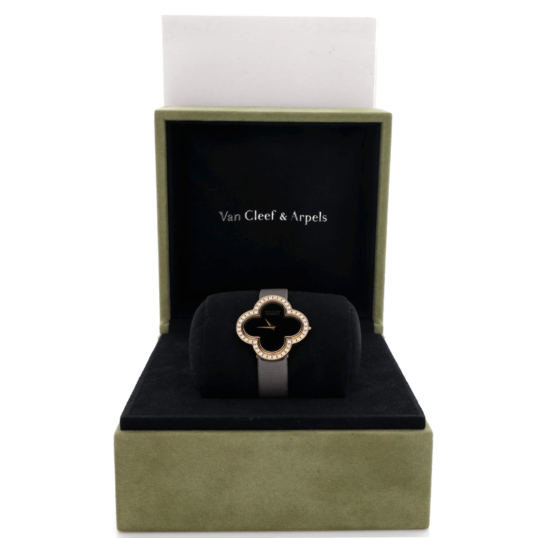 Alhambra Quartz Watch Yellow Gold and Satin with Diamond Bezel and Onyx 26