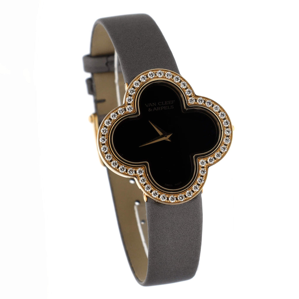 Alhambra Quartz Watch Yellow Gold and Satin with Diamond Bezel and Onyx 26