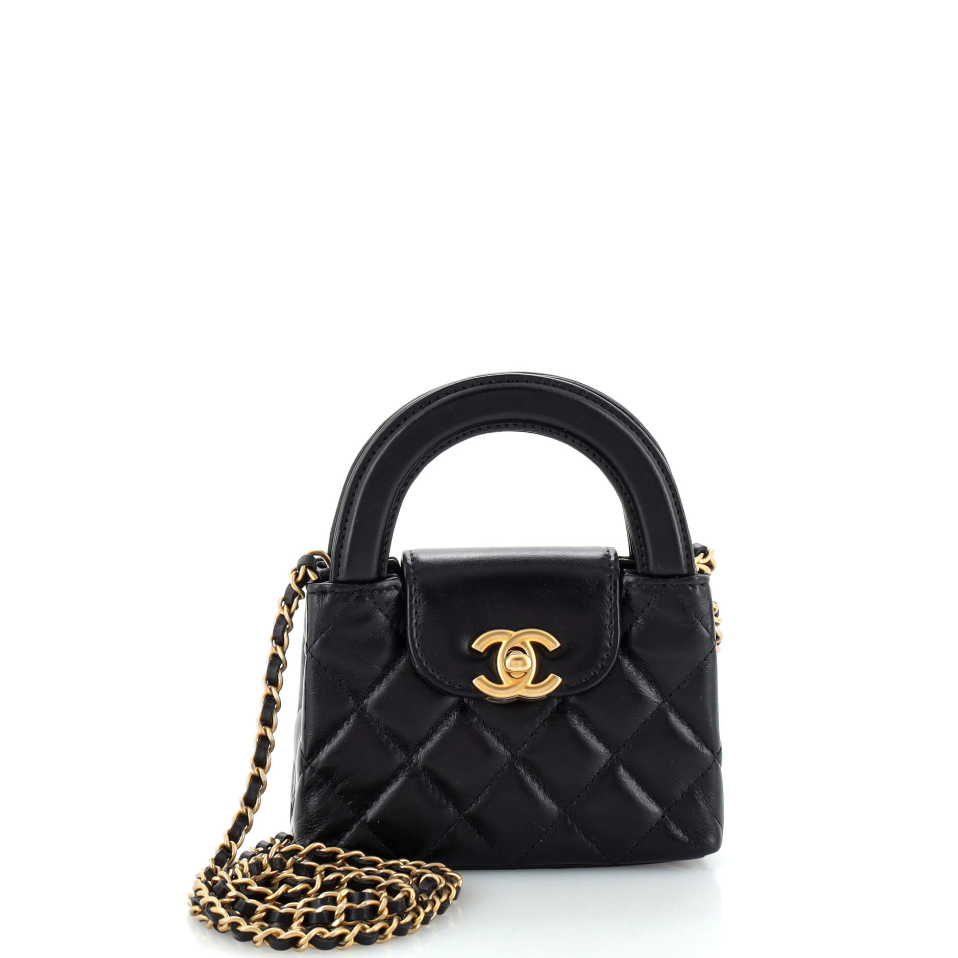 Kelly Top Handle Clutch with Chain Quilted Shiny Aged Calfskin