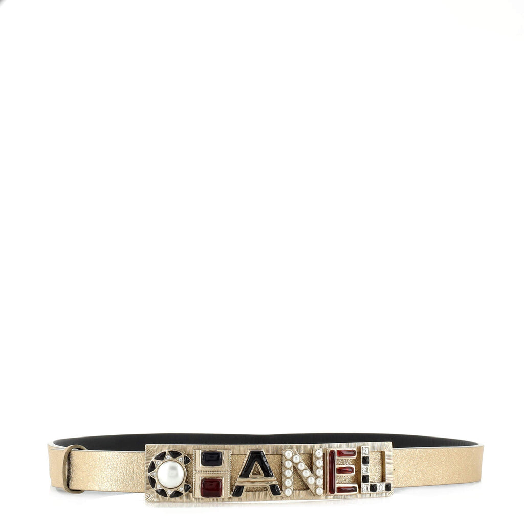 Logo Letters Cutout Buckle Belt Leather with Metal, Crystals, Faux Pearls and Resin Thin 75