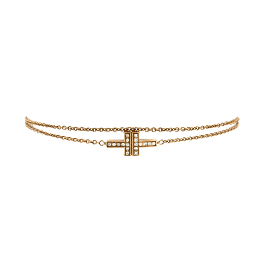 T Double Chain Bracelet 18K Rose Gold and Diamonds Medium