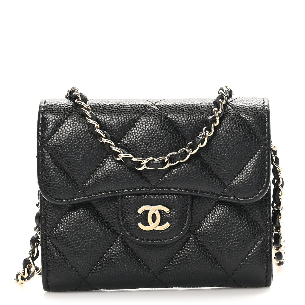 Caviar Quilted Flap  Holder On Chain Black