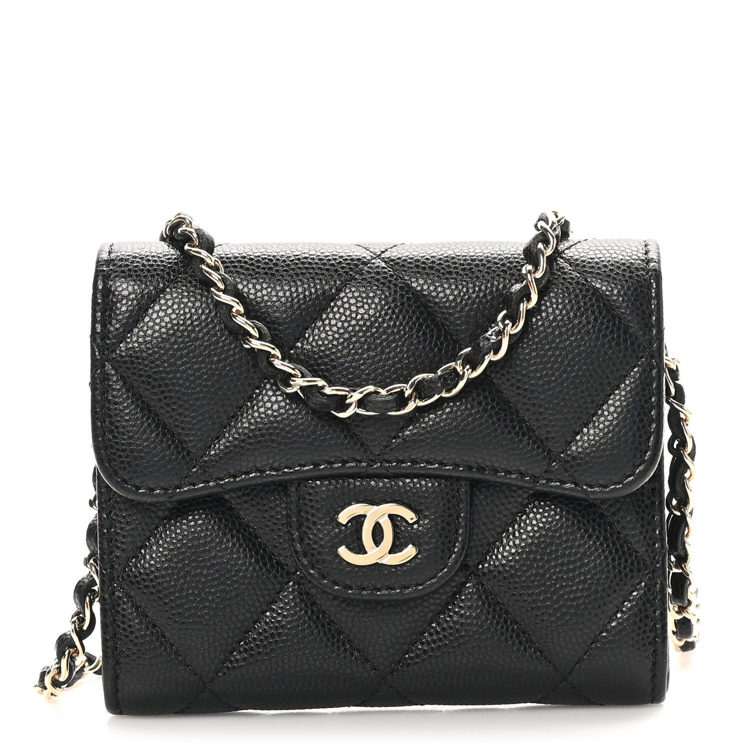 Caviar Quilted Flap  Holder On Chain Black