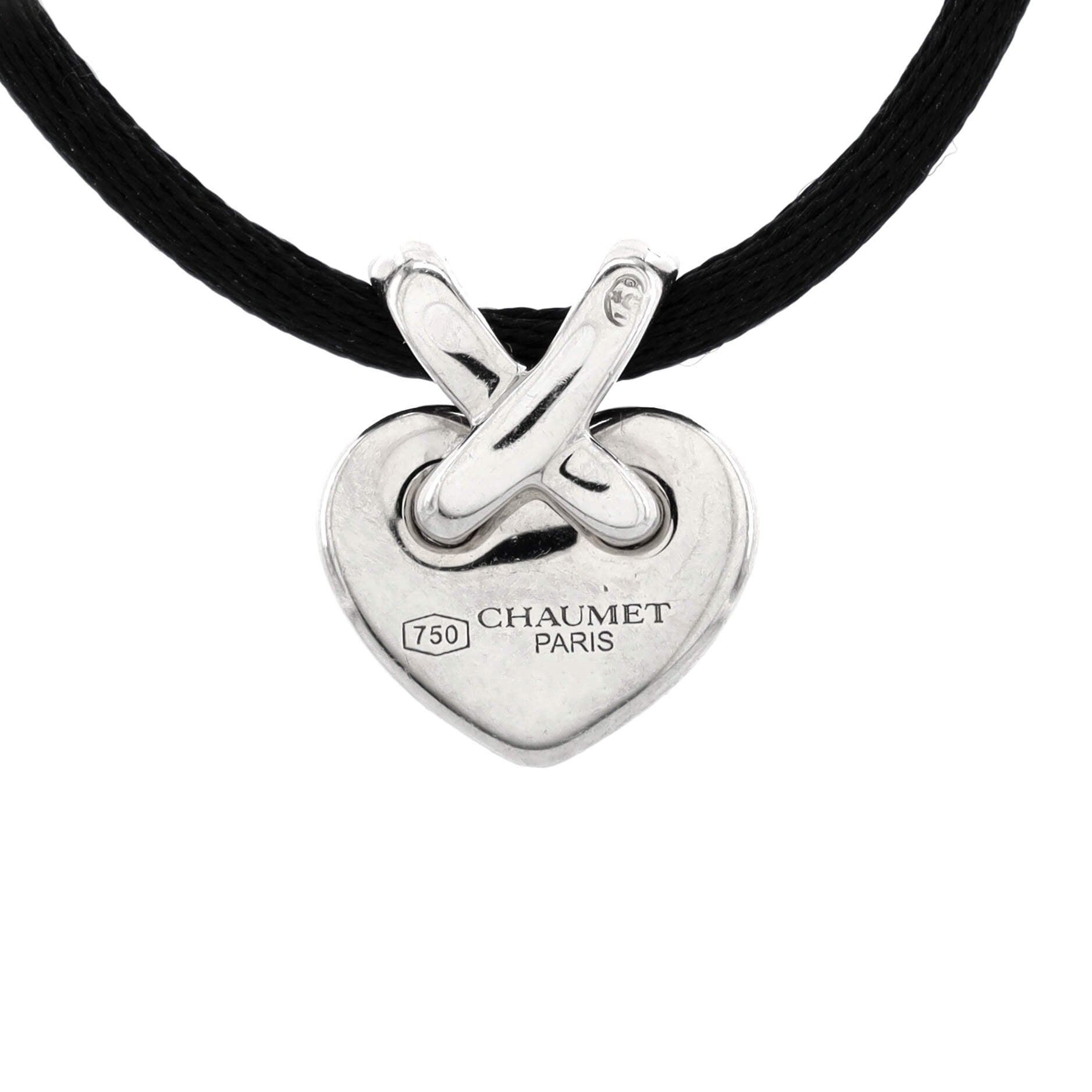 Liens Heart Pendant Necklace Satin Cord with 18K White Gold and Diamonds