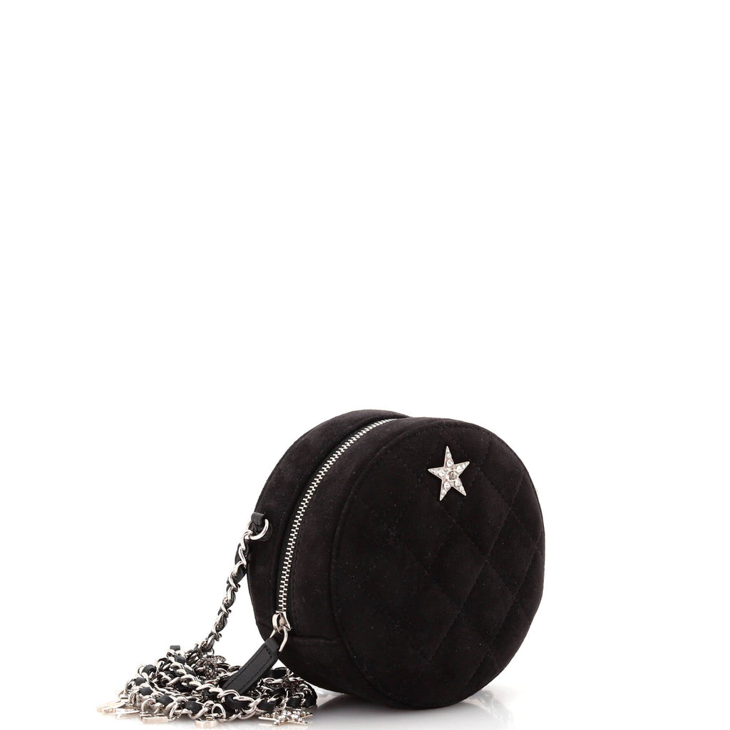 Star Round Clutch with Chain Quilted Suede with Crystal Embellished Charms