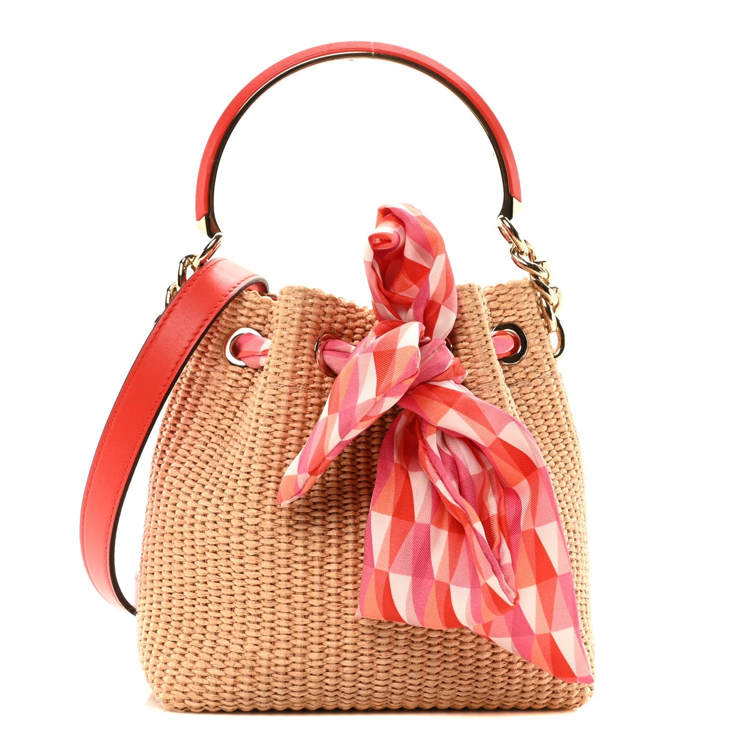 Raffia Bon Bon Bow Bucket Bag Natural Paprika