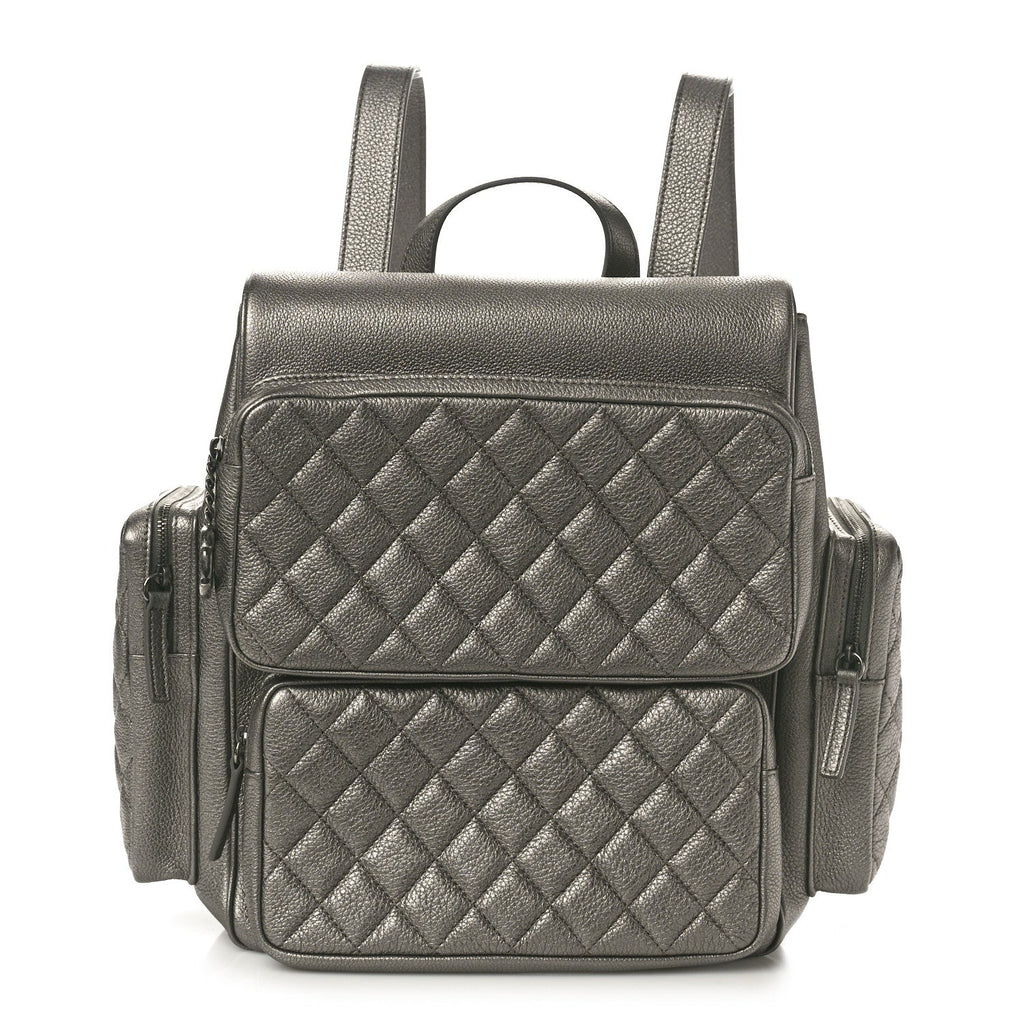 Metallic Grained Calfskin Quilted Large Casual Rock Backpack Charcoal