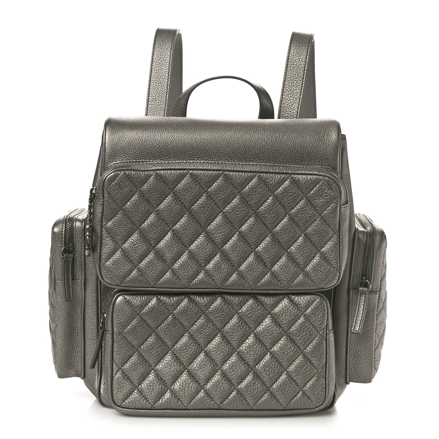 Metallic Grained Calfskin Quilted Large Casual Rock Backpack Charcoal
