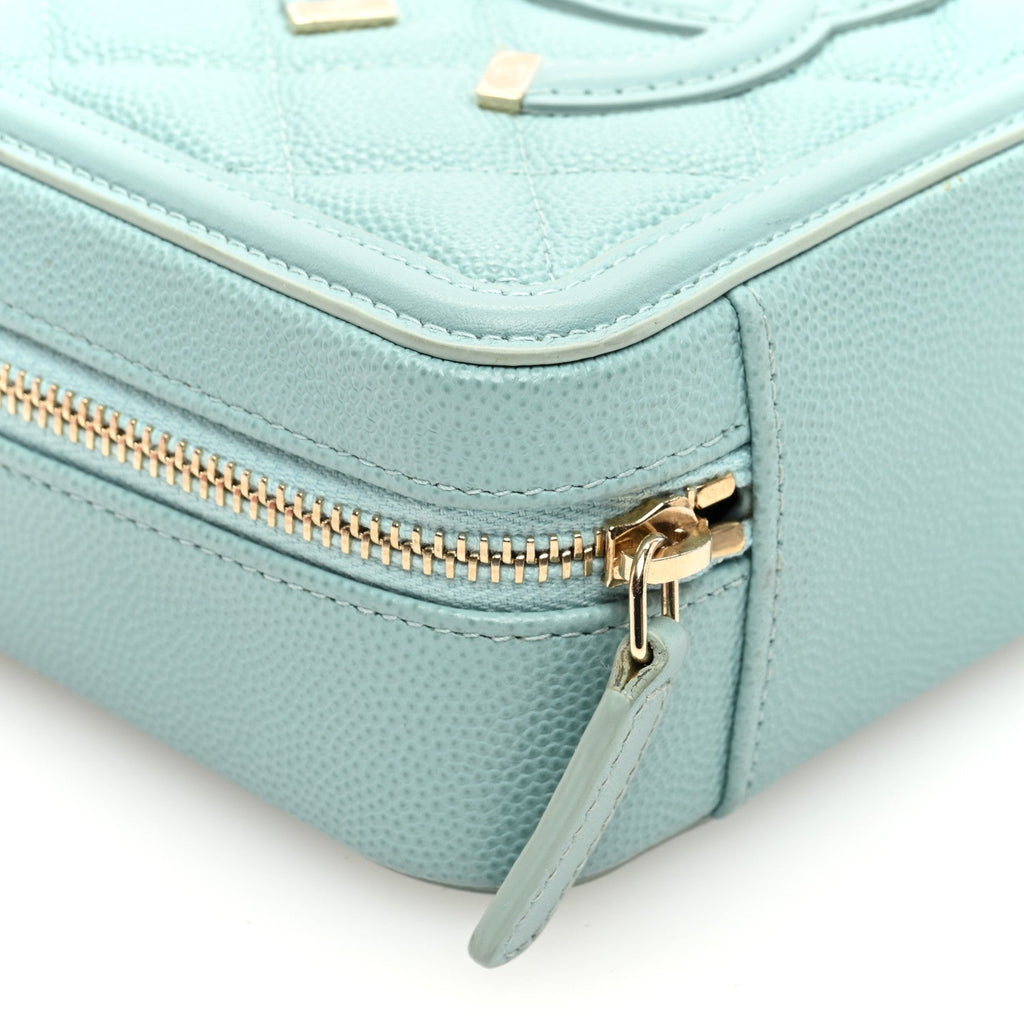 Caviar Quilted Filigree Vanity Clutch With Chain Light Blue
