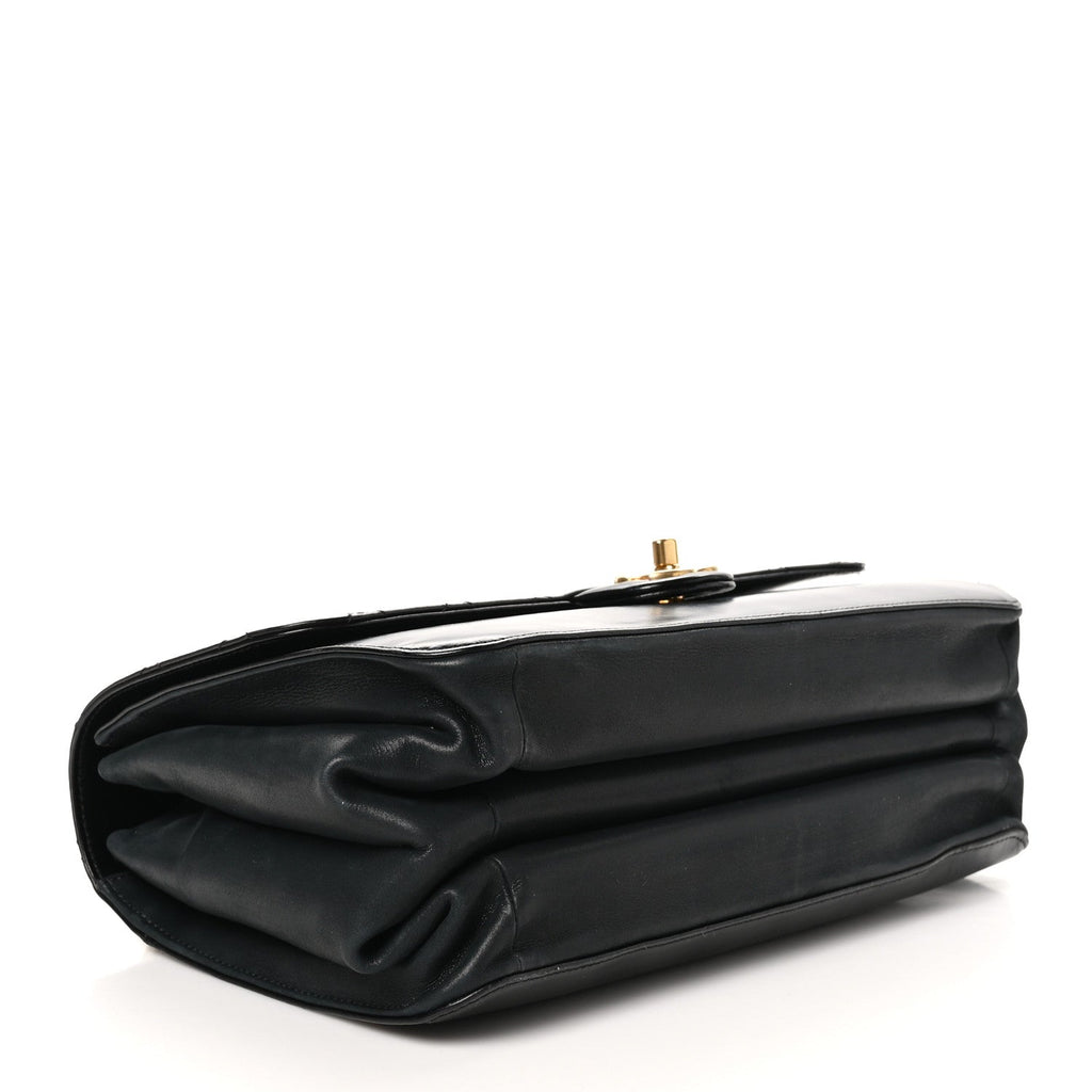 Aged Glazed Calfskin Quilted Straight Lined Flap Black