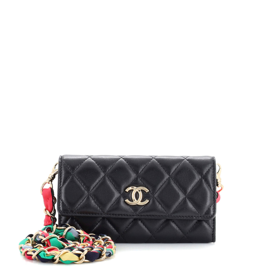 RIbbon Long Clutch with Chain Flap Bag Quilted Lambskin