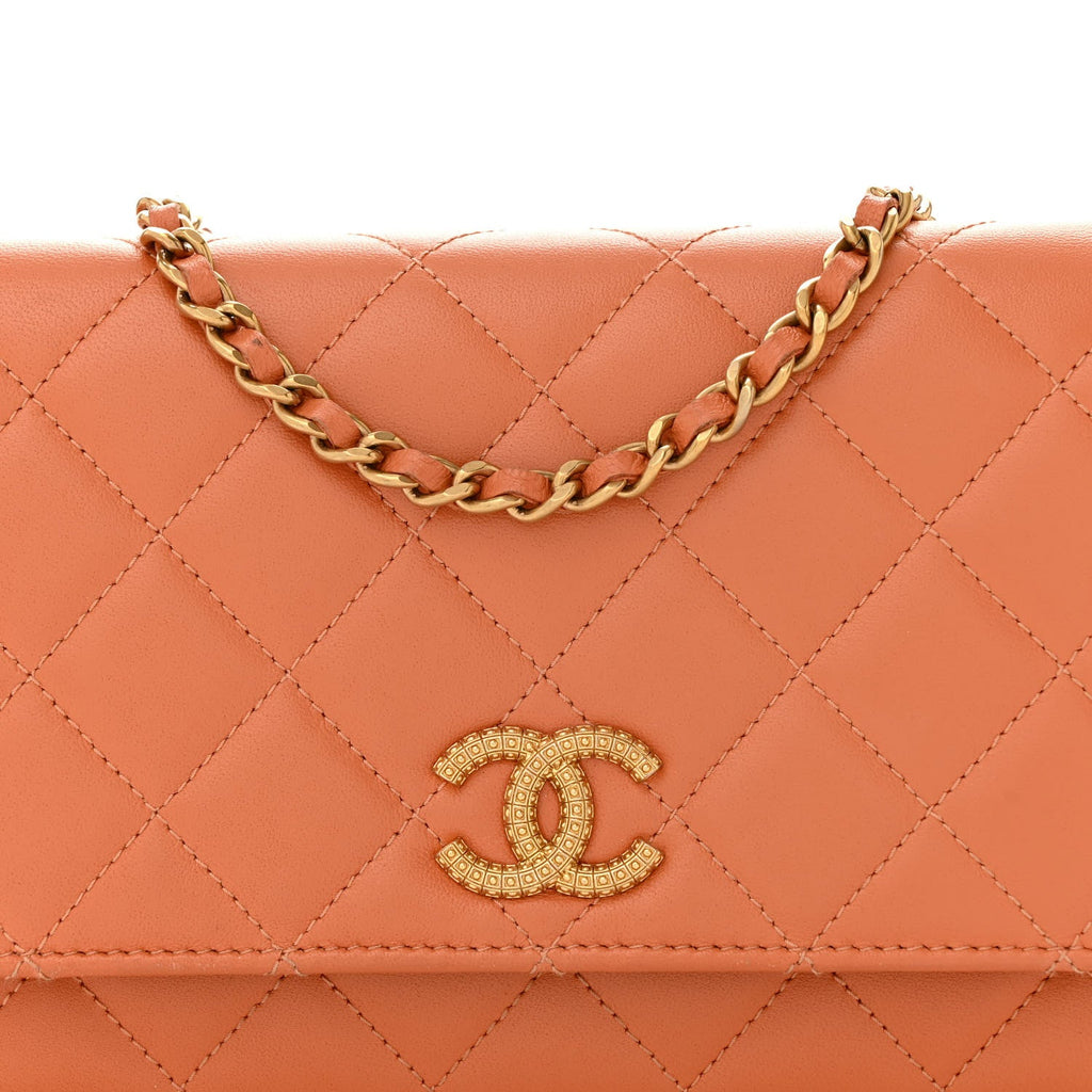 Lambskin Quilted Studded CC Wallet On Chain WOC Orange