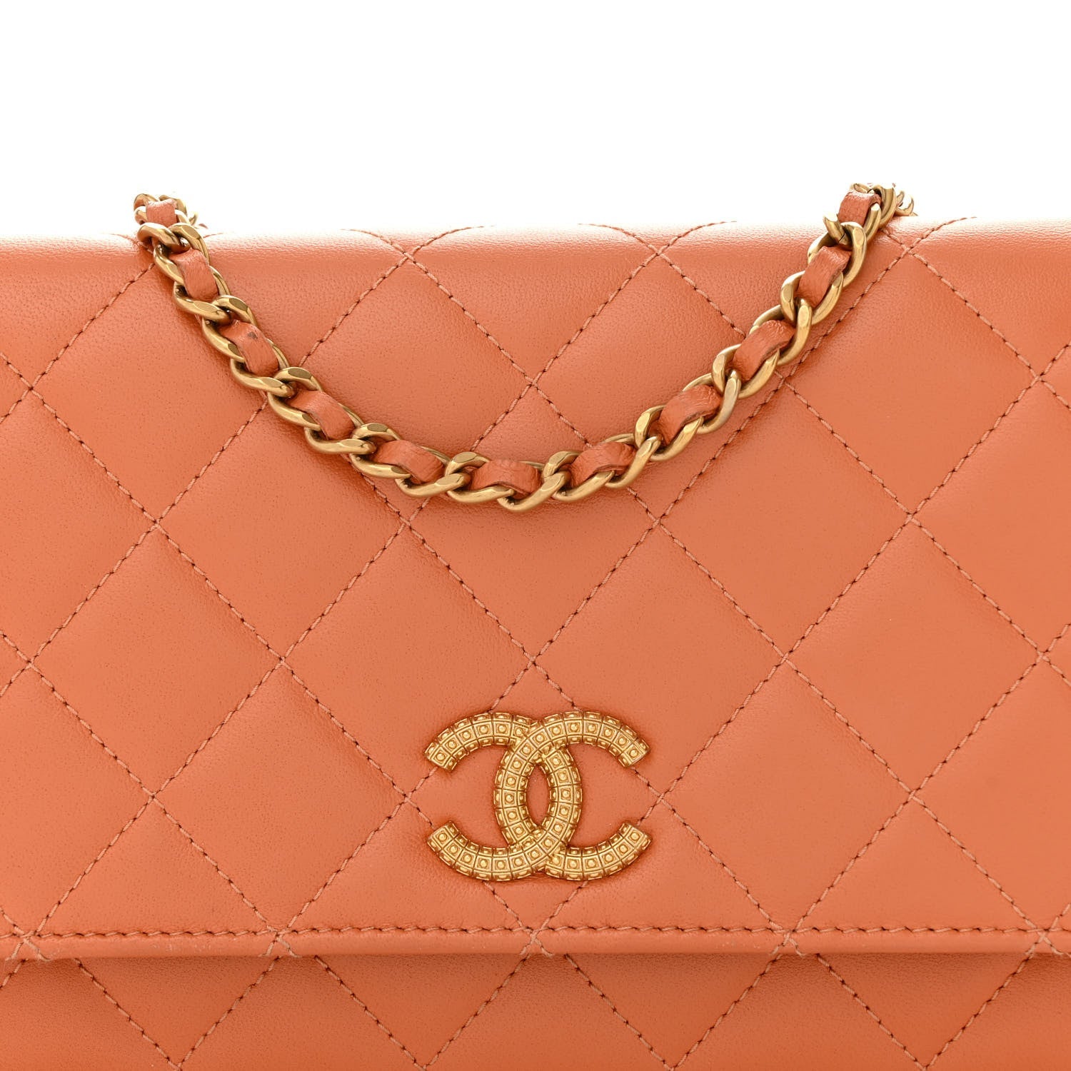 Lambskin Quilted Studded CC Wallet On Chain WOC Orange