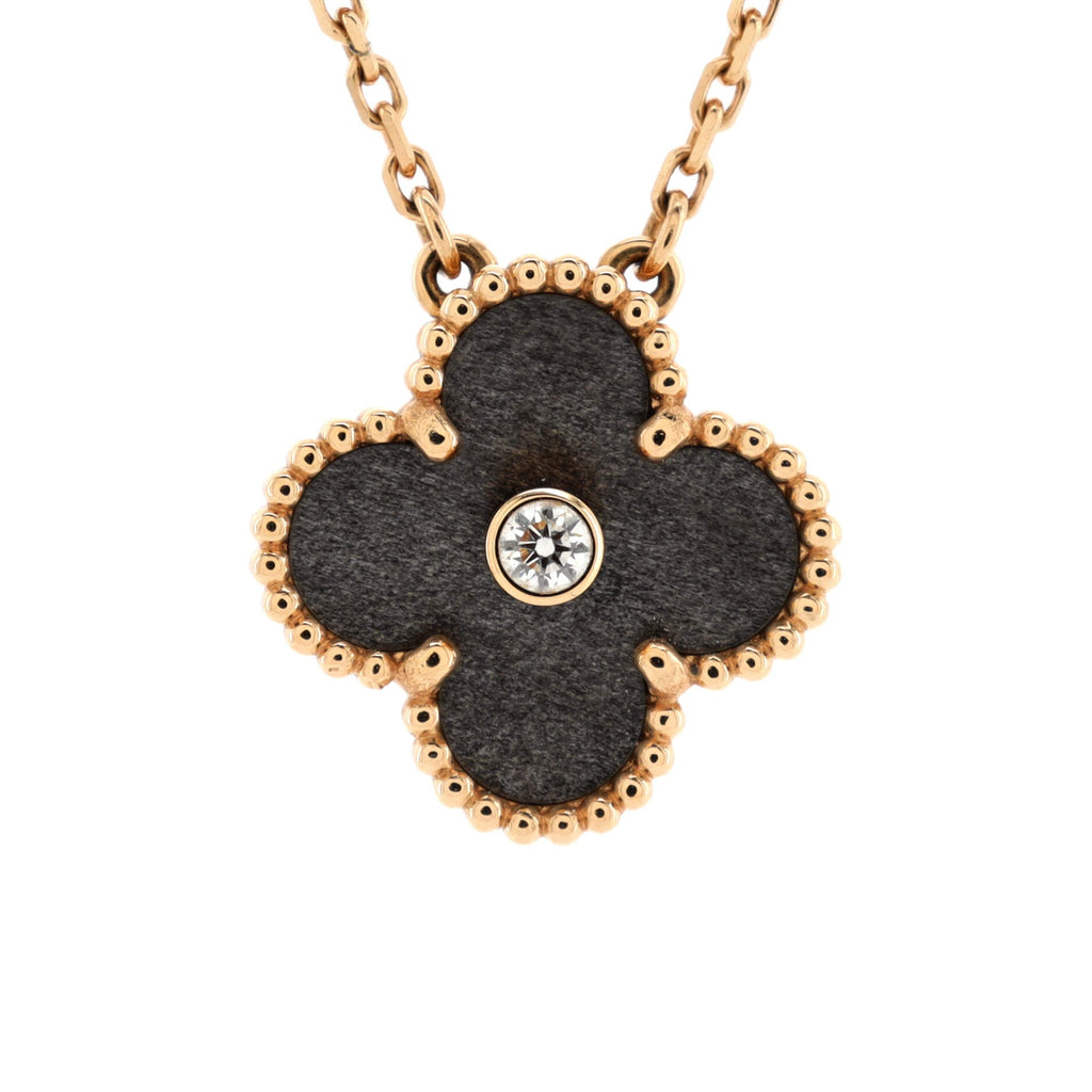 Vintage Alhambra Pendant Necklace 18K Rose Gold and Silver Obsidian with Diamond