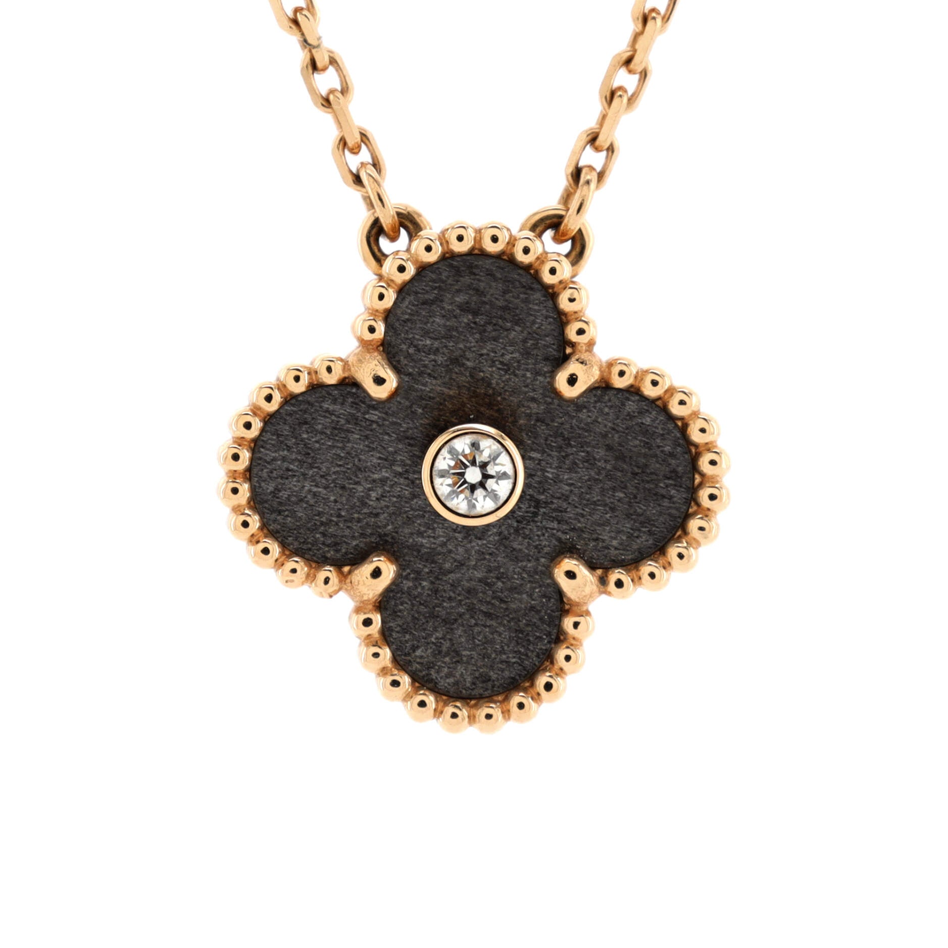 Vintage Alhambra Pendant Necklace 18K Rose Gold and Silver Obsidian with Diamond