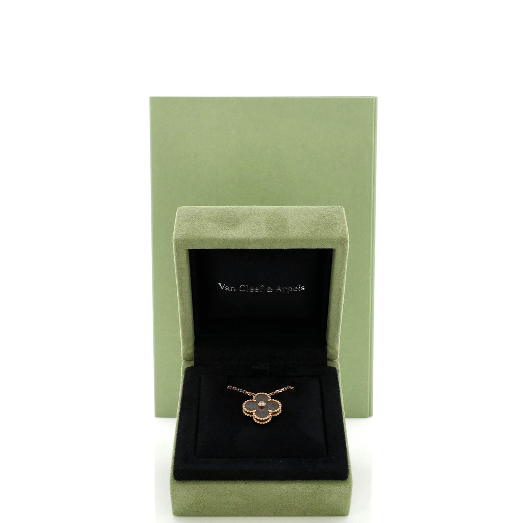 Vintage Alhambra Pendant Necklace 18K Rose Gold and Silver Obsidian with Diamond