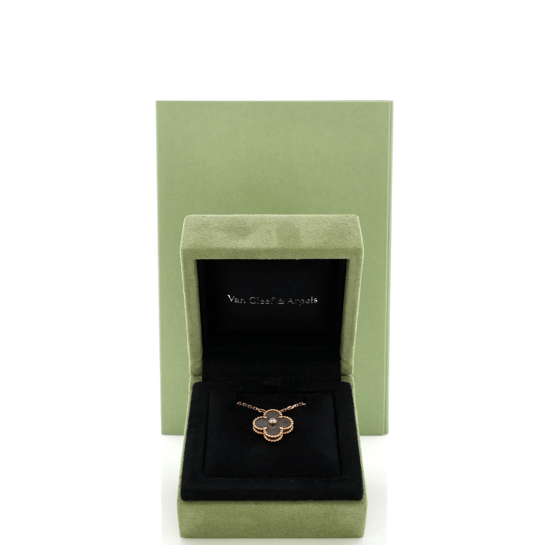 Vintage Alhambra Pendant Necklace 18K Rose Gold and Silver Obsidian with Diamond