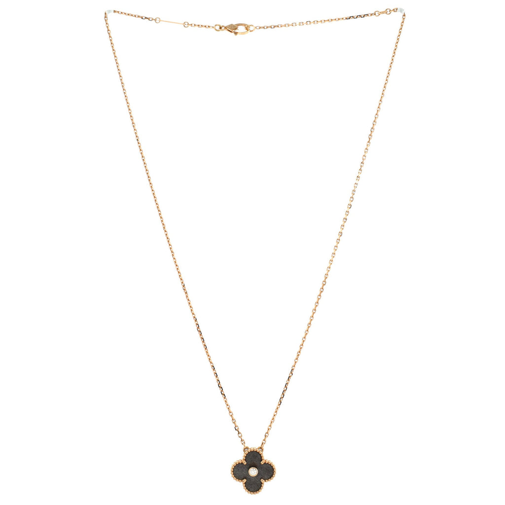 Vintage Alhambra Pendant Necklace 18K Rose Gold and Silver Obsidian with Diamond