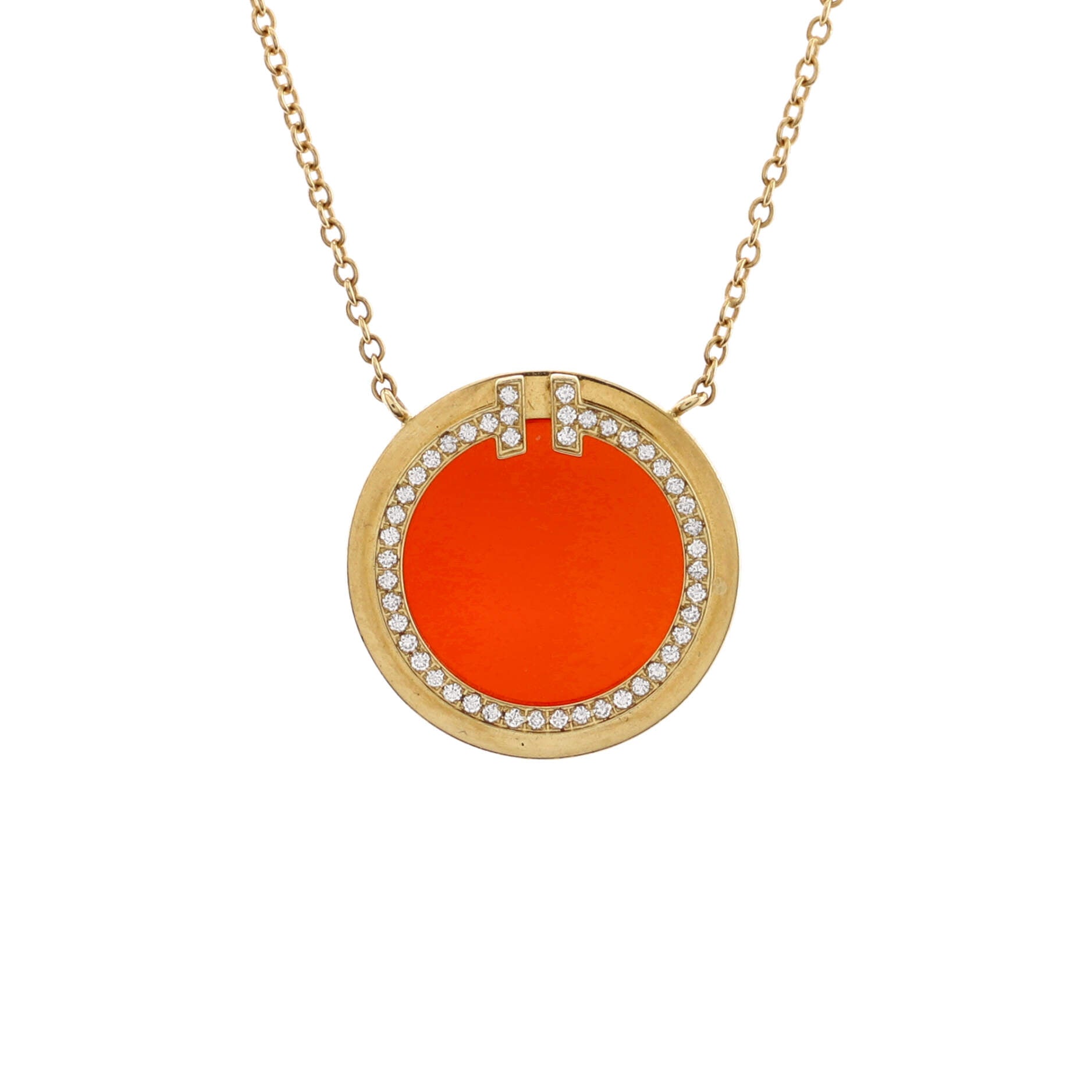 T Circle Pendant Necklace 18K Yellow Gold with Carnelian and Diamonds Large