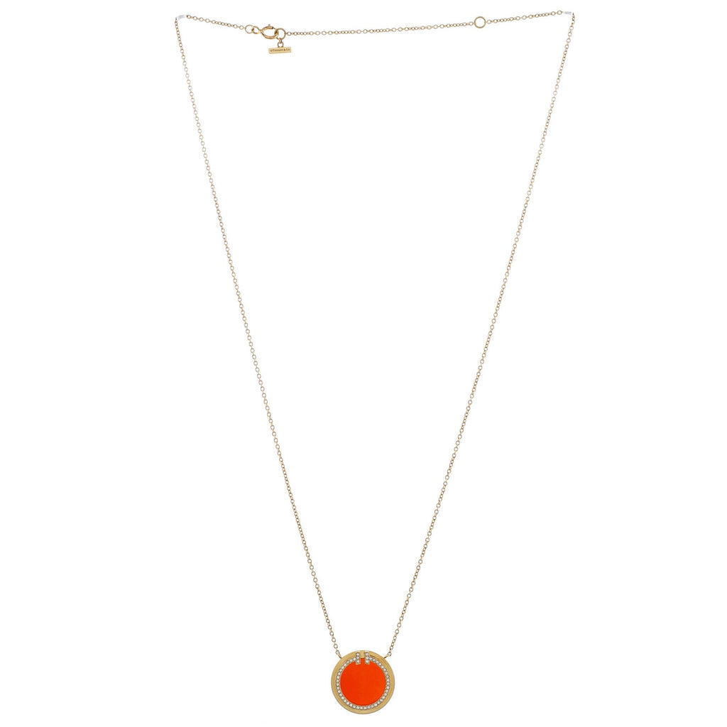 T Circle Pendant Necklace 18K Yellow Gold with Carnelian and Diamonds Large