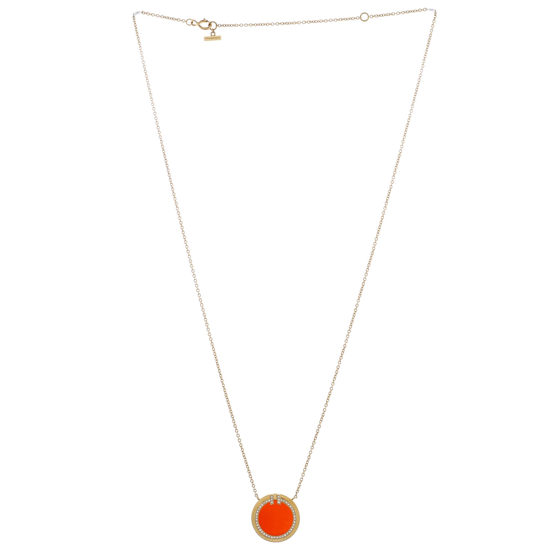 T Circle Pendant Necklace 18K Yellow Gold with Carnelian and Diamonds Large