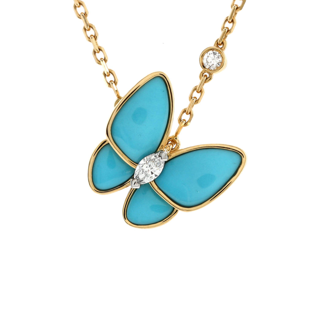 Two Butterfly Pendant Necklace 18K Yellow Gold with Turquoise and Diamonds
