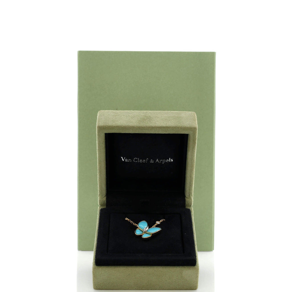 Two Butterfly Pendant Necklace 18K Yellow Gold with Turquoise and Diamonds