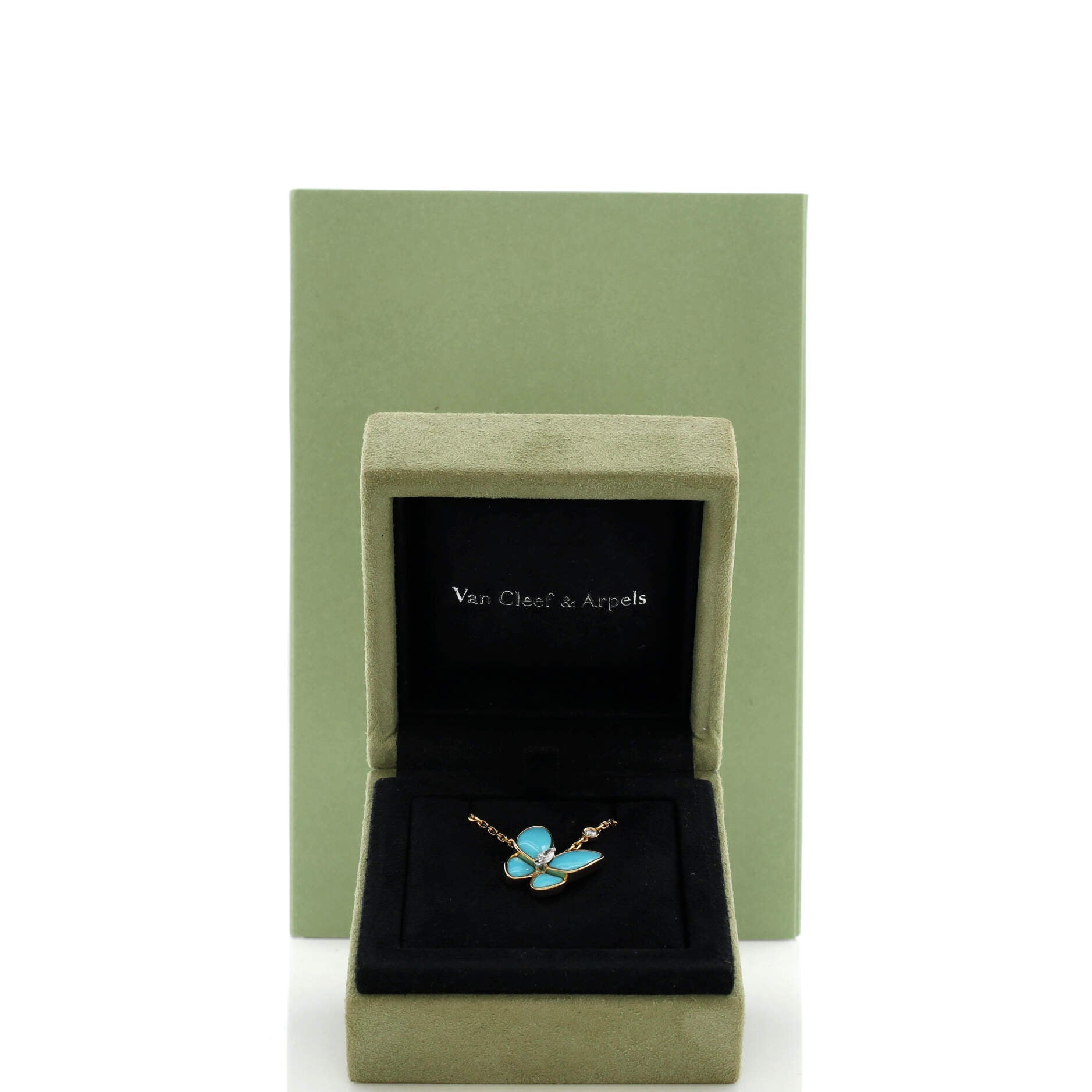 Two Butterfly Pendant Necklace 18K Yellow Gold with Turquoise and Diamonds