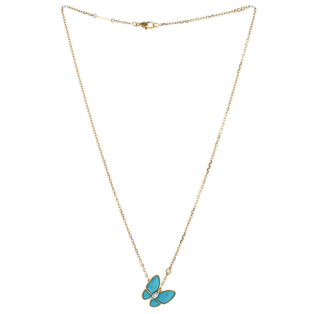 Two Butterfly Pendant Necklace 18K Yellow Gold with Turquoise and Diamonds