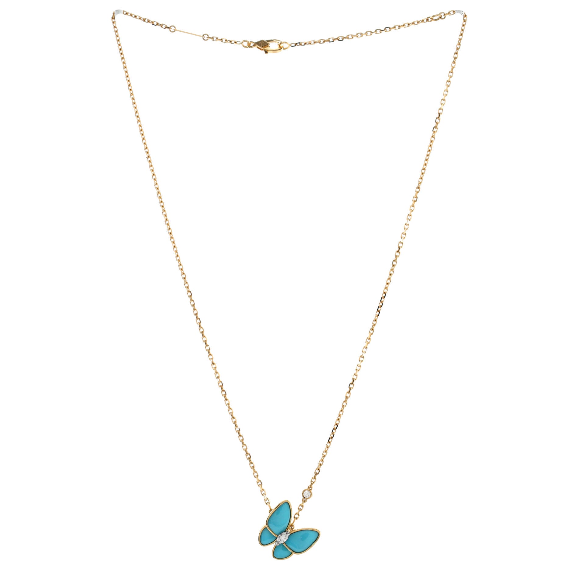 Two Butterfly Pendant Necklace 18K Yellow Gold with Turquoise and Diamonds