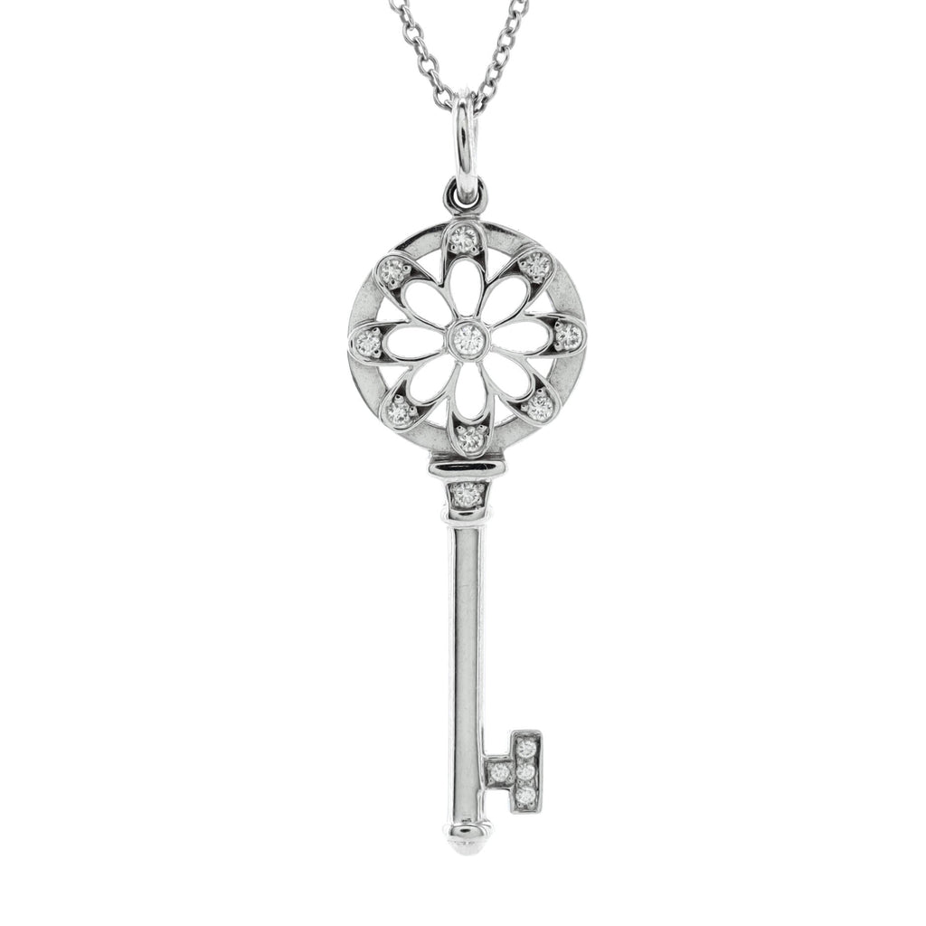 Floral Key Pendant Necklace 18K White Gold with Diamonds
