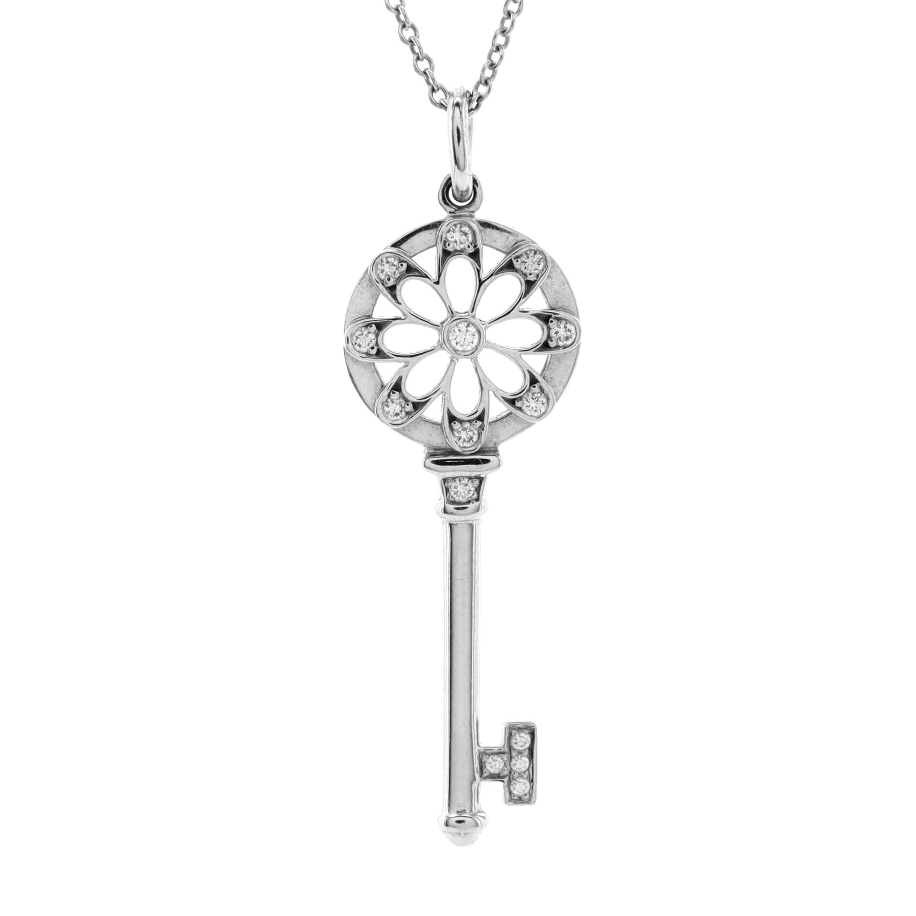 Floral Key Pendant Necklace 18K White Gold with Diamonds