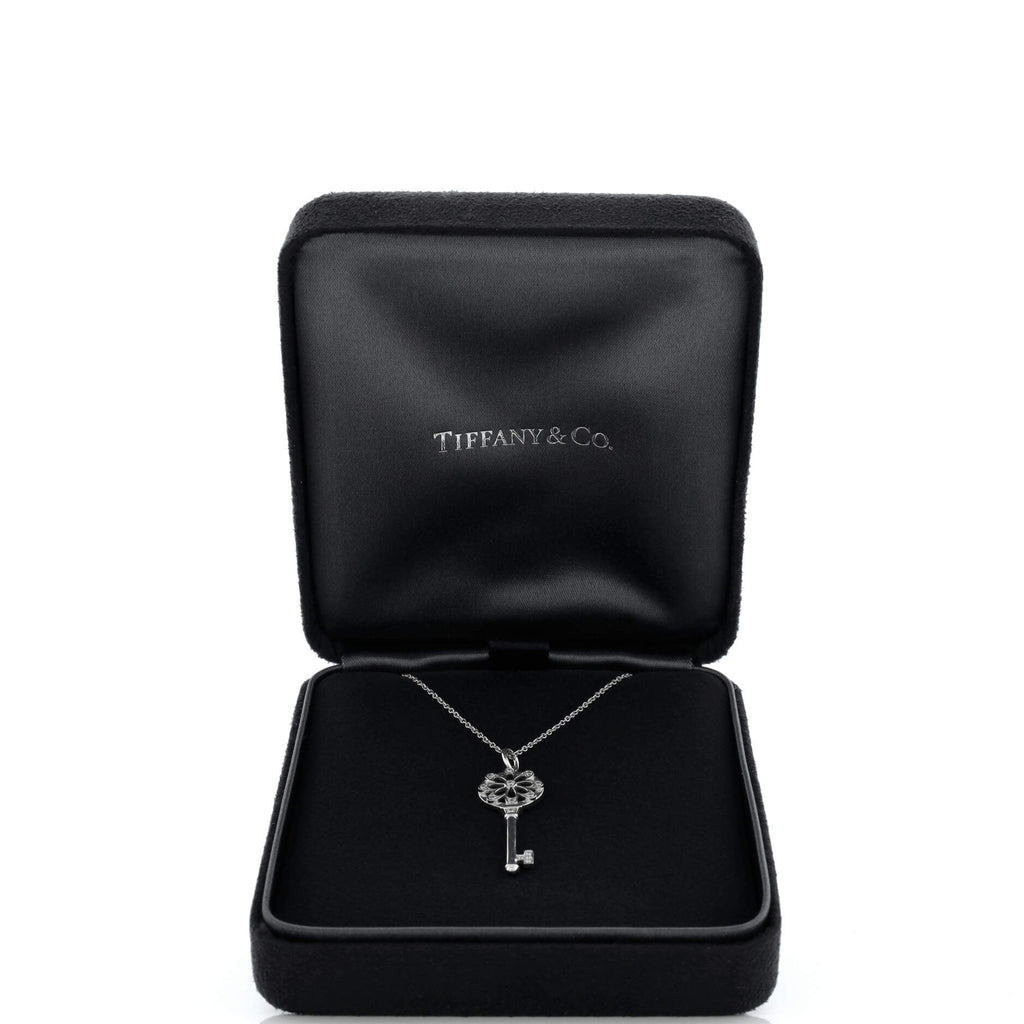 Floral Key Pendant Necklace 18K White Gold with Diamonds