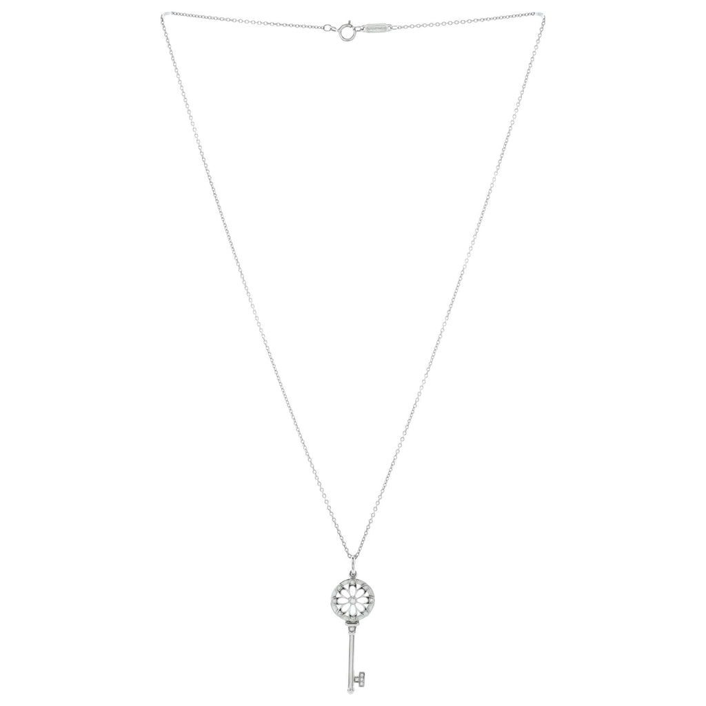 Floral Key Pendant Necklace 18K White Gold with Diamonds