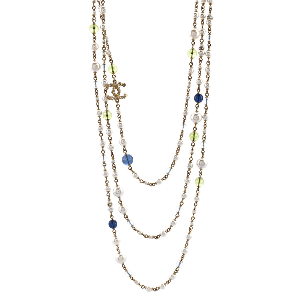 CC Triple Strand Necklace Metal with Faux Pearls and Crystals Long